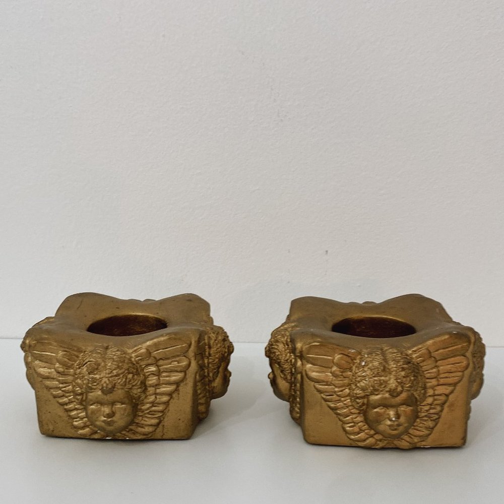 VTG Gold Cherub Angel Baby Candle Holders, Set of 2